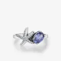 Elegante anello a stella marina in argento 925 con gemma viola e cristalli fini - Taglia US 5 / Argento
