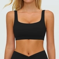 Sleek black sports bra with U-neck and wide straps in premium matte stretch fabric - Premium Black