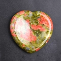 Polished heart-shaped natural crystal thumb stone in green and red jasper finish - Unakite