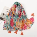 Exotic tropical banana leaf parrot print cotton linen scarf with orange tassel fringe - Colorful Abstract Floral Style (XB929)