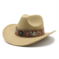 Camel wool felt cowboy hat featuring an embroidered leather band and vintage metal disc - M (56-58cm) / Camel