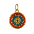 Macro view of round gold plated pendant with colorful enamel and blue center stone inlay - 12 Geometric Grid Eye