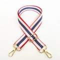 Close-up of red, white and blue striped canvas bag strap with golden metal clasps - Red and Blue