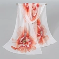 Elegant white chiffon scarf with vibrant orange floral print hanging on a metal rod - Snow Bud (Warm Orange Flower)