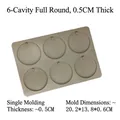 Detailed view of a 6-cavity round silicone mold with 5.9cm diameter cavity measurements - 6-Cavity Round 0.5CM Thick