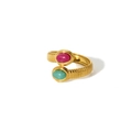 Detail of 18k gold plated stainless steel ring with pink and turquoise stones - Adjustable Open / Pink and Green Oval Gemstone Style (TR4022-PG)