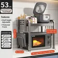 Two-tier kitchen microwave rack in gun grey finish with adjustable height and hooks - 2-Tier Fixed-53cm-Gun Grey-Full Accessory Set
