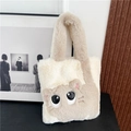 Close-up of fluffy plush cat tote bag featuring cute 3D ears and patchwork design - Grayish White