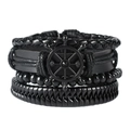 Men's multilayer black braided leather bracelet with nautical rudder charm and beads - Black