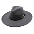 Detailed view of the dark grey wool fedora with elegant gold metal buckle and leather band - M (56-58cm) / Dark Gray