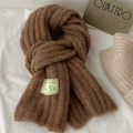 Macro detail of thick coffee brown wool knit scarf texture with luxury brand labels - 175*25cm / Camel Coffee