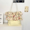 Pastel yellow floral ruffle canvas tote bag with slim shoulder straps for women - Yellow Peony