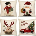 Set of 4 Christmas pillow covers with linen texture featuring snowman and Santa patterns - Xmas Decor Mix