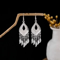 Ethnic peacock silver tassel earrings with hollow leaf drop pendants on wood - Silver Hollow Leaf Tassel(E5818)