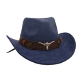 Dunkelblauer Western-Cowboyhut aus Wildleder mit braunem Lederband und silbernem Stierkopf - Einheitsgröße / Marineblau