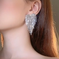 Sparkling silver long fringe heart earrings with rhinestones shown on a female model - Silver Heart Tassel Style (DTE1516235S)