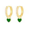 Detail of 18K gold earrings with green heart charms and white cubic zirconia - Gold-Dark Green
