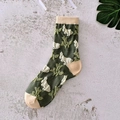 Vintage forest green crew socks with cute 3D bunny jacquard and floral knit pattern - One Size / Rabbit
