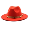 Detail of red wool felt fedora featuring tan leather band with gold metal studs - M(56-58cm) / Orange Red