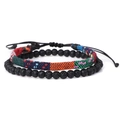Men's 2-piece set featuring black lava stone beads and colorful woven fabric bracelet - Red Green Ethnic Woven Style (FD9627) / Two-Piece Set