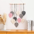 Bohemian woven tapestry with pink, grey, and beige leaves on a wooden hanging pole - Five Colors Ten Leaves Grey Pink