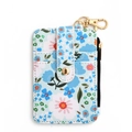 Light blue floral print card holder wallet with zipper pocket and golden keychain hook - Light Blue