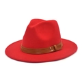 Elegant red wool fedora hat with a wide brim and decorative brown leather buckle band - M (56-58cm) / Red