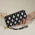 Women's black and white striped woven long wallet with double zipper and wrist strap - Black
