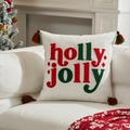 Housse de coussin Noël blanche avec broderie holly jolly rouge et verte à pompons - Broderie Holly-Jolly/Blanc