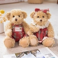 Matching pair of teddy bears in red and green plaid outfits with lace and embroidery details - 30cm Pair / Big Red Plaid Skirt