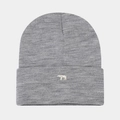 Dettaglio di un berretto in maglia grigia con ricamo di orso polare bianco e trama morbida - Grigio chiaro