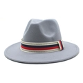 Detail view of a grey wool fedora hat featuring a Greek key patterned striped band - Light Gray