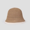 Elegant knit bucket hat in camel with white trim, foldable breathable dome sun cap - Camel