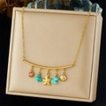 Bohemian gold necklace with turquoise stones starfish and shell pendants in a gift box - Marine Style (N3569)