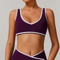 Ensemble de sport violet deux pièces avec bordure blanche et leggings taille en V - Violet Giga
