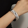 Modern hollow floral pattern silver bangle with pavé crystals in 18K white gold plating - Silver