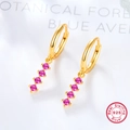 Macro shot of 925 silver earrings with pink zircon stones and gold plating finish - Gold/Red
