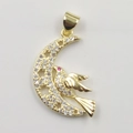 Gold plated crescent moon pendant with crystals and a bird on a pure white background - Moon Bird Gold Pendant