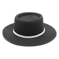 Women's black straw boater hat with elegant pearl band for summer sun protection - M (56-58cm) / Black