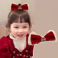 Red velvet bow hair clip with golden crown and lace edge for New Year celebration - Crown Hair Clip