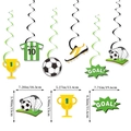 Soccer party hanging banners with jersey, trophy and goal patterns including dimensions - Soccer Swirl Decorations