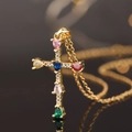 Golden cross pendant necklace with heart-shaped multi-color zircon stones for women - Gold Six-color Heart Gemstone (款式41)