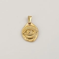 Detailed view of a gold-plated evil eye pendant with embossed eye and radial eyelash design - Gold-Evil Eye