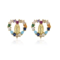 Gold heart-shaped stud earrings featuring Virgin Mary relief and colorful crystals - Gold with Colorful Zirconia