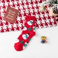 Women's red Christmas mid-tube cotton socks with white snowman and tree patterns - One Size / Red