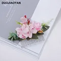 Bohemian floral hair comb with pink fabric roses and cherry blossoms on silver metal pins - FS08-5 Pink
