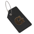 Black leather luggage tag with gold embossed letter G and metal wire loop fastener - Letter G