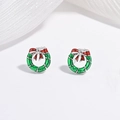 Detailed view of S925 sterling silver Christmas wreath stud earrings with red bow accent - Multicolor Christmas Wreath Earrings