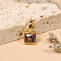 18K gold plated necklace with a square purple zircon birthstone pendant on stone - February/Purple