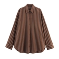 Detailed flat lay of brown striped long sleeve shirt with crisp collar and button closure - XS / Coffee Stripes
